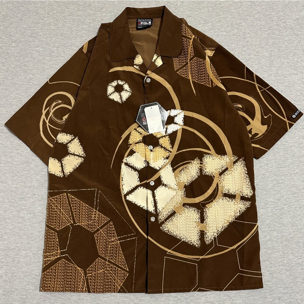 Southpole Brown Gold All Over Print Geometric Button Up Shirt Y2K Hip Hop NWT M